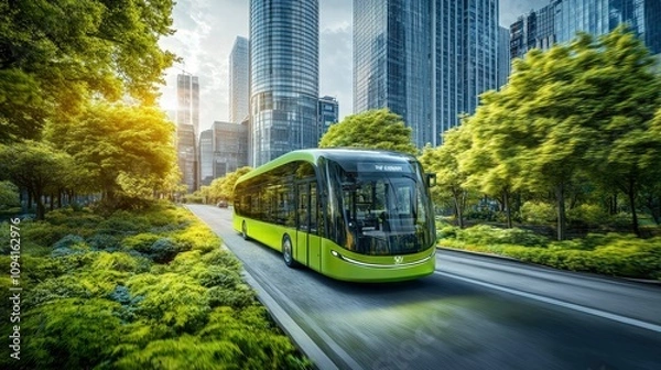 Obraz A modern green bus driving through a cityscape with lush trees and skyscrapers.