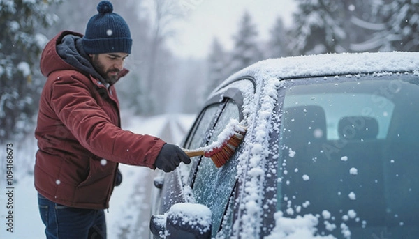 Fototapeta Man clearing snow off a car windshield on a winter day, snow removal