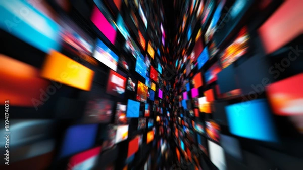 Fototapeta Colorful screens fill the view, presenting a mix of vibrant media content. The arrangement creates a sense of depth, emphasizing a modern digital experience.