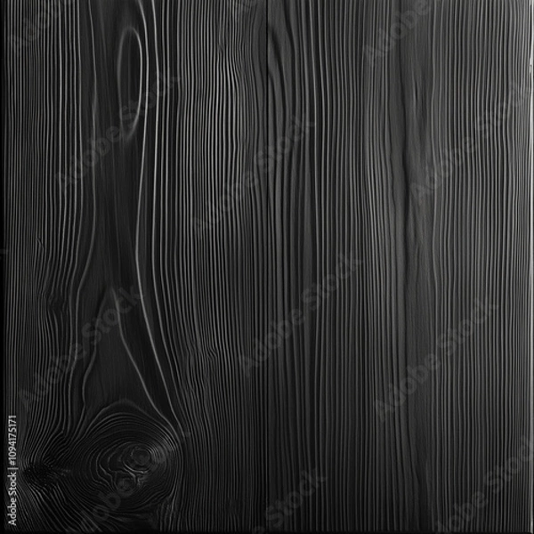 Fototapeta Dark black stained wood plank, visible wood grain and knots, soft shadows and subtle highlights