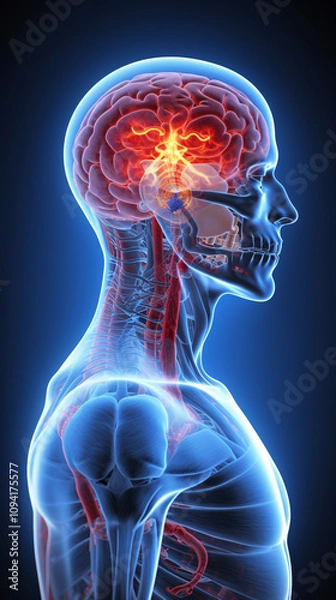Fototapeta Male medical figure with the front of the brain highlighted, showcasing brain anatomy and cognitive areas.