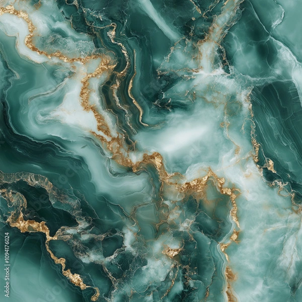 Fototapeta Detailed green marble slab with swirling white and gold veins, glossy and refined texture