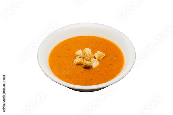 Fototapeta Ezogelin Soup from traditional Turkish cuisine isolated on a white background. Made with red lentils, bulgur and rice and served.