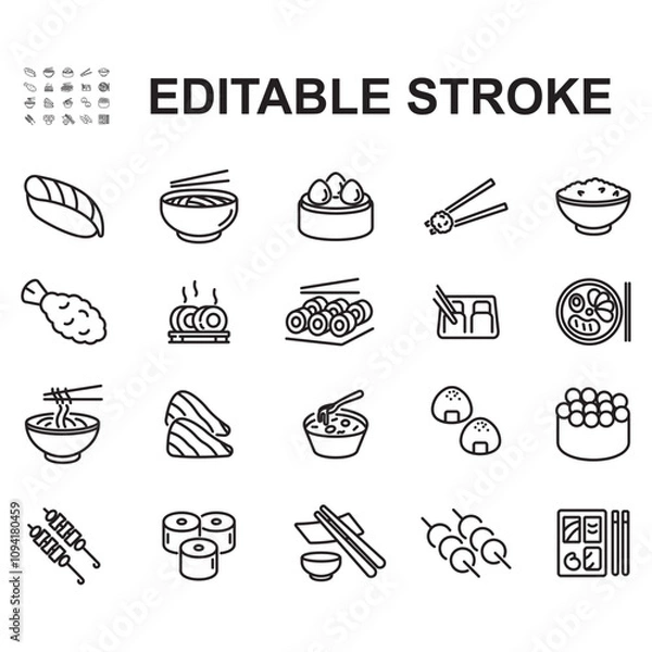 Fototapeta Collection of japanese food icons. Thin line vector, containing icons such as sushi, takoyaki and many more.