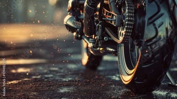 Obraz Close-up of Motorcycle Rear Wheel and Chain at Sunset