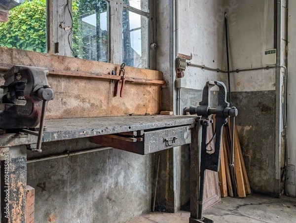Obraz Weathered workbench with tools and vise Dordogne France workshop scene