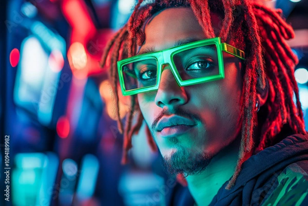Obraz Vibrant neon lights surround individual wearing futuristic green glasses