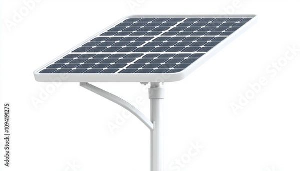 Fototapeta A solar panel mounted on a sleek white stand, designed for efficient energy capture from sunlight.