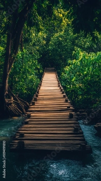 Obraz A wooden bridge leads through lush greenery, inviting exploration of nature's tranquility.