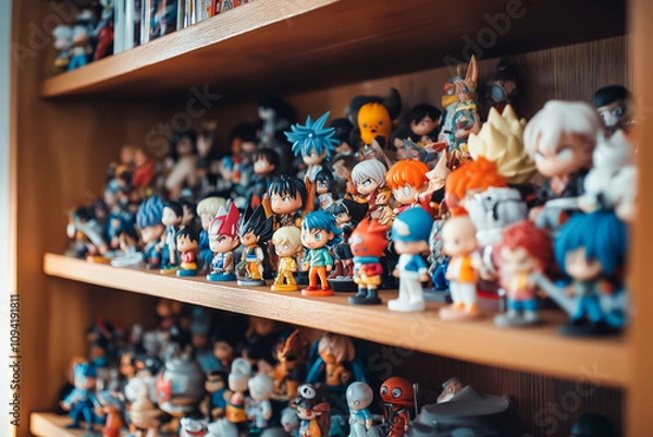 Obraz Collection of vibrant anime figures displayed on wooden shelves