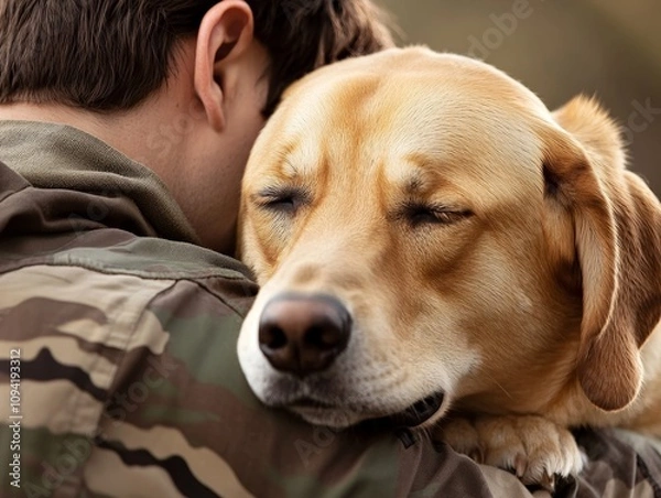 Fototapeta A PTSD service dog comforting a veteran during a panic attack, staying close and providing a calming presence.