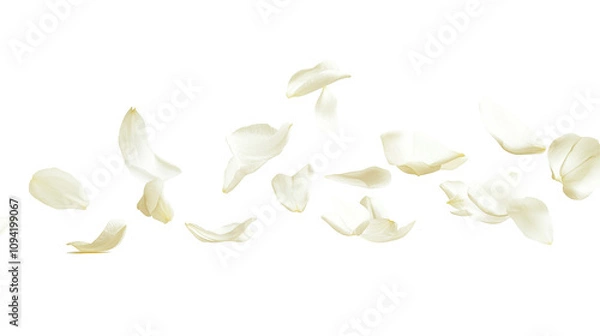 Fototapeta Delicate jasmine petals floating lightly in the air and isolated against a pure white background, highlighting their intricate details and serene charm