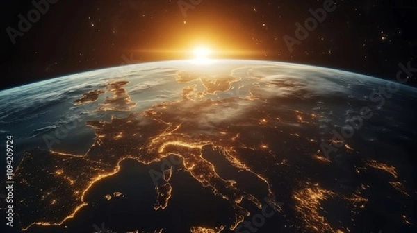 Fototapeta Earth from space show illuminated city lights during night with glow sunrise spreading over the horizon. Futuristic and environmental style. Global awareness and technology concept.