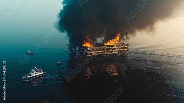 Fototapeta Oil Rig Fire Causes Pollution Crisis for Aquatic Animals in Ocean Environment Aerial View Environmental Disaster