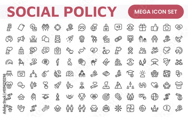 Fototapeta Set of Social Policy and Insuranceline icons. Outline icon collection related to education, insurance, law, goverment and more.