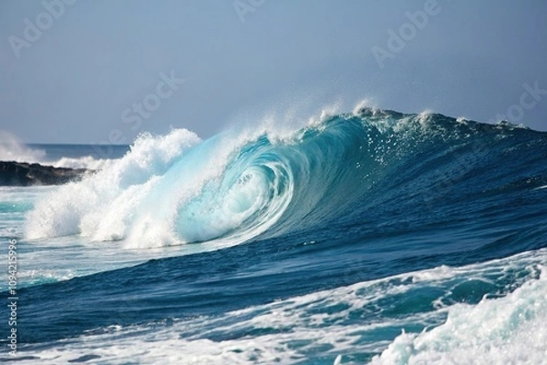 Fototapeta Ocean wave with blue and white hues, , beach scene