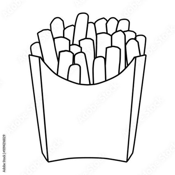 Fototapeta The black outline of French fries. French fries in a paper bag. Fast food. Vector illustration for design and web.