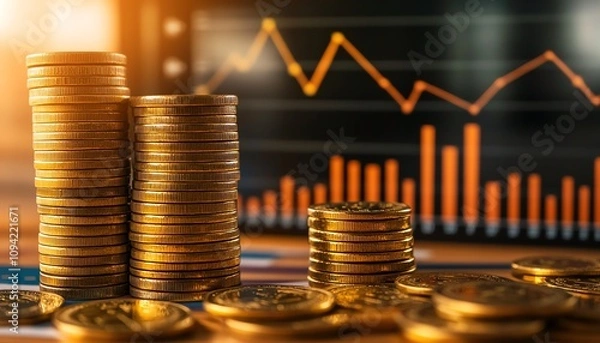 Fototapeta Coins with financial growth chart background.