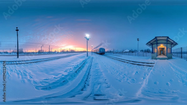 Fototapeta 360 degree panorama view.A 360° view of a snowy winter scene at a train station.  It's perfect for virtual reality, showing a cold blue sunset.