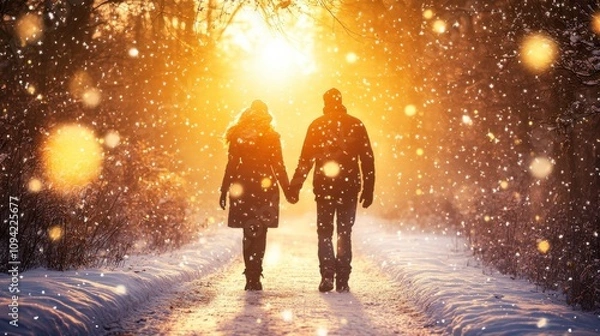 Obraz Romantic Stroll on a Snowy Twilight Trail
