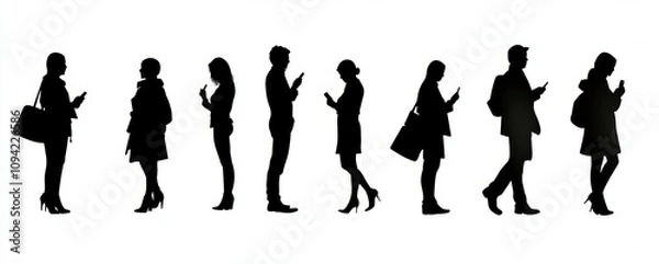Obraz Silhouette Illustrations of Diverse People in Various Poses Standing Sitting Holding Umbrellas Using Phones