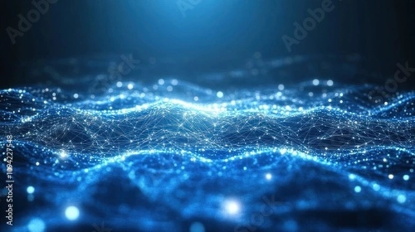 Obraz Abstract blue digital wave with glowing particles and connections, representing technology, network, data, and connectivity.