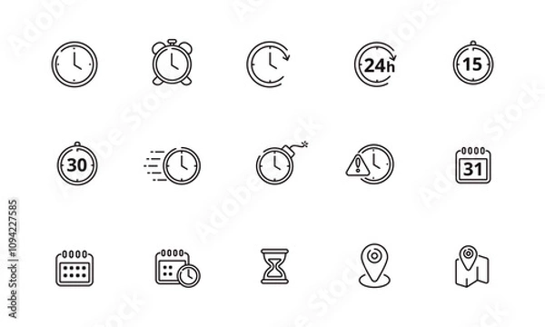 Fototapeta Time, date and location icons collection with outline style on a white background