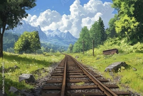 Obraz railways along with trees and greenland with generative ai