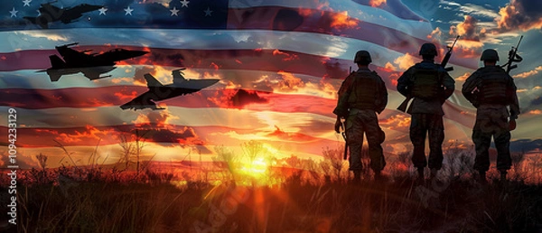 Fototapeta Soldiers in silhouette stand proudly with the USA flag at sunset, double exposure blending the sky with Navy fighters in flight, creating a powerful image for Veterans Day celebrations