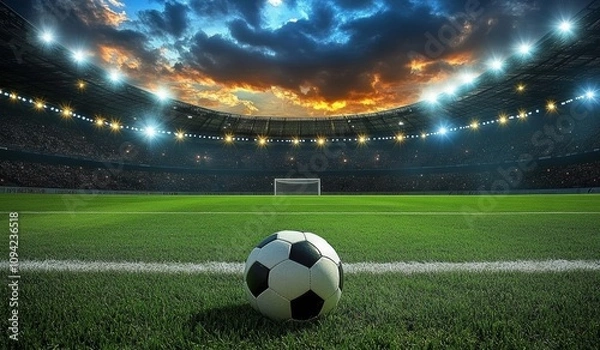 Fototapeta soccer ball on green field in stadium ready for match with vibrant crowd under cloudy sky