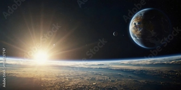 Fototapeta Earth and distant planets illuminated by a rising sun over the horizon