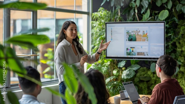 Fototapeta Engaging software training led by a women tech lead in a bright office. Team members participate in an interactive demonstration with a large screen display