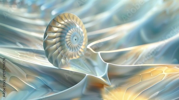Fototapeta Nautilus shell highlighted in an abstract setting, showcasing its detailed spiral. The shell's geometric design is a beautiful display of marine life and nature.