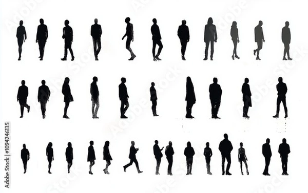 Fototapeta Black and White Vector Illustration of Human Silhouettes in Various Poses and Actions