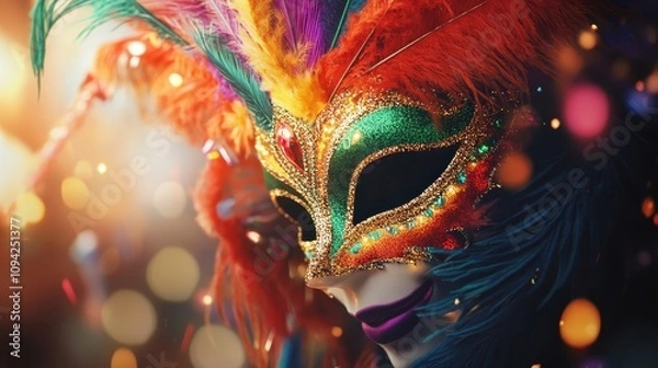 Fototapeta Colorful Mardi Gras mask with feathers and glitter, adorned with festive decorations and beads