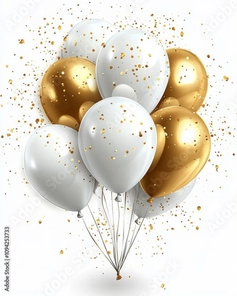 Fototapeta Elegant white and gold balloon cluster with confetti celebration theme