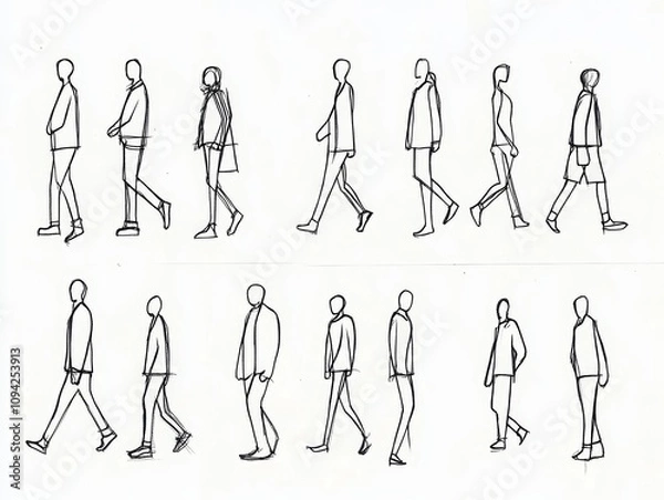 Fototapeta Minimalist Line Drawing of Human Figures in Various Poses and Activities