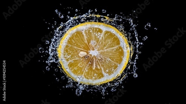 Fototapeta Splashing lemon slice in water food photography studio setting high-contrast lighting freshness concept for culinary inspiration