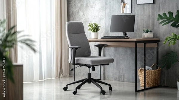 Fototapeta Modern workspace featuring a chair, desk, and computer, designed for productivity.