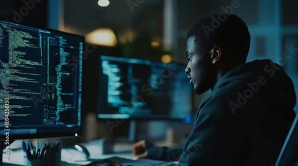 Fototapeta Data analysis action tech workspace digital environment night setting focused viewpoint on coding concepts