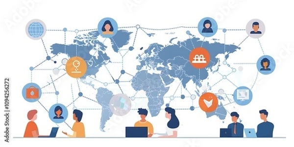 Fototapeta Global business structure of networking. Analysis and data exchange customer connection, HR recruitment and global outsourcing, Customer service, Teamwork, Strategy, Generative Ai