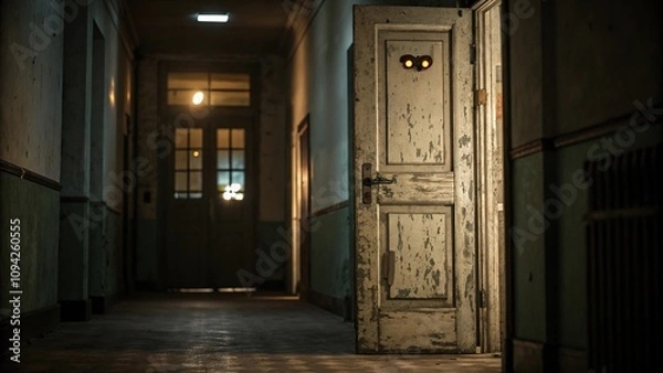 Fototapeta A pair of glowing ghostly eyes peer out from behind a haunted door amidst a dimly lit hallway, ghostly apparitions, spooky atmosphere, dark corridors, mysterious shadows, creepy door