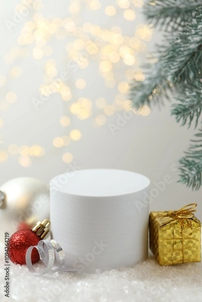 Fototapeta Beautiful composition with podium, Christmas decor and white snow 