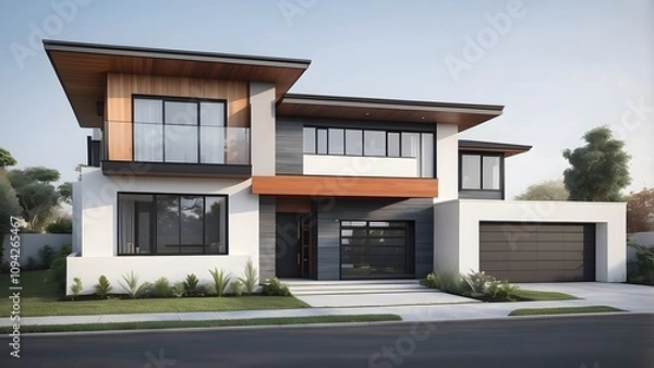 Fototapeta Front elevation of a contemporary house, from a minimalist design with clean lines to a bold and colourful facade with geometric shapes, with a big lawn in front of the house