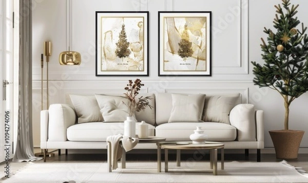 Fototapeta Set in a stylish living room, this holiday decor showcases two watercolor picture frames adorned with festive designs, complemented by a Christmas tree and modern furnishings