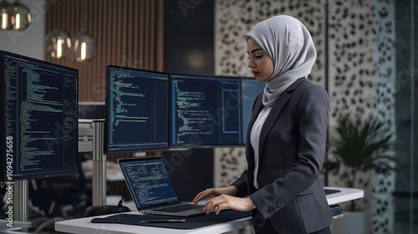 Fototapeta A Middle Eastern woman in a hijab and blazer codes on multiple screens at a sleek desk in a modern office, showcasing her software development skills
