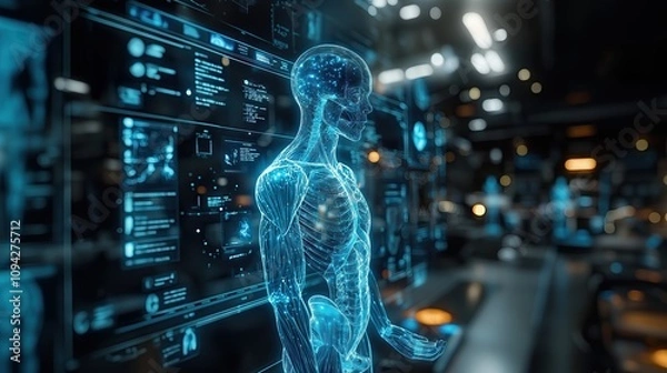 Fototapeta 3D hologram of human anatomy and skeleton glowing in blue and green neon light. Ideal for medical or technology advertising.