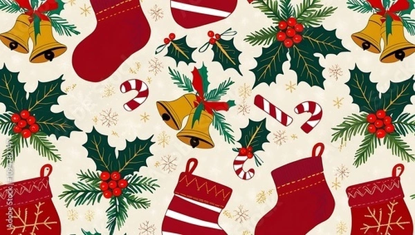 Obraz Christmas hand drawn seamless pattern. Xmas decorations