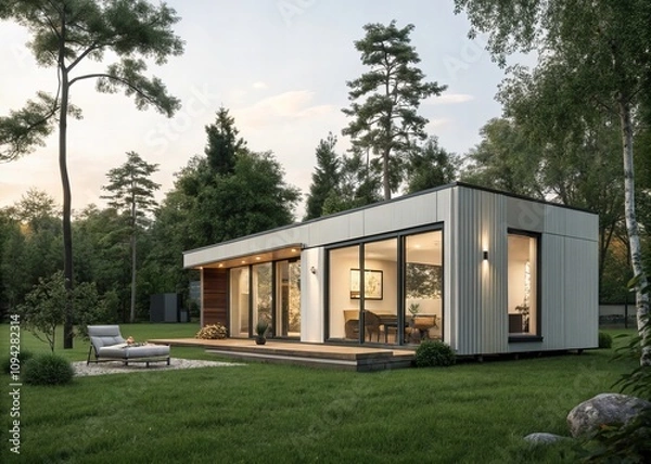 Fototapeta Modern Tiny Home with Glass Walls in a Serene Forest Setting at Sunset
