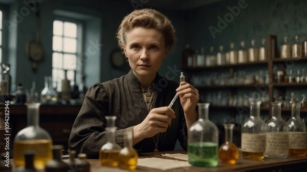 Fototapeta Statue of Marie Curie: Curie holding a vial of radioactive material, standing in a laboratory, with rows of chemical apparatus and research notes in the background.